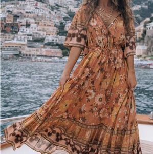 Spell & The Gypsy Buttercup Sunrise Maxi Dress L Floral Bell Sleeve Button Down